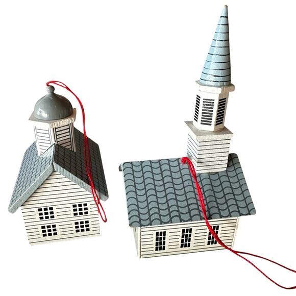 Midwest Importers of Cannon Falls Wood Christmas White Village Ornament Set Lot - Picture 2 of 4